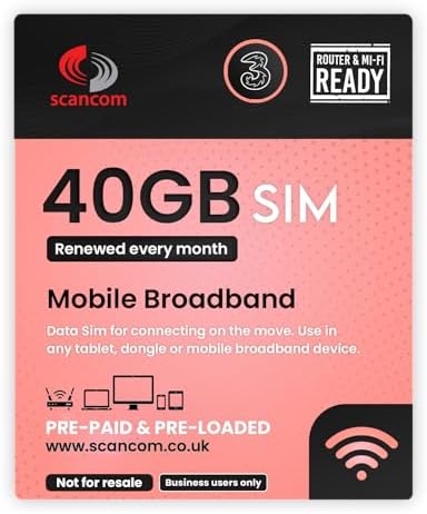 Scancom Three 5G Data SIM - 40GB Preloaded Every Month from now until 8th June 2024 - Perfect For Wifi Routers, Tablets & Phones - Works out around £4.50 Per Month - Business Grade Data